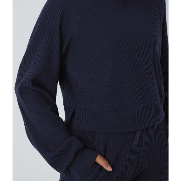 NWT Halara Ribbed Knit Hooded Long Sleeve Split Casual Sweatshirt Navy XL - Picture 3 of 3